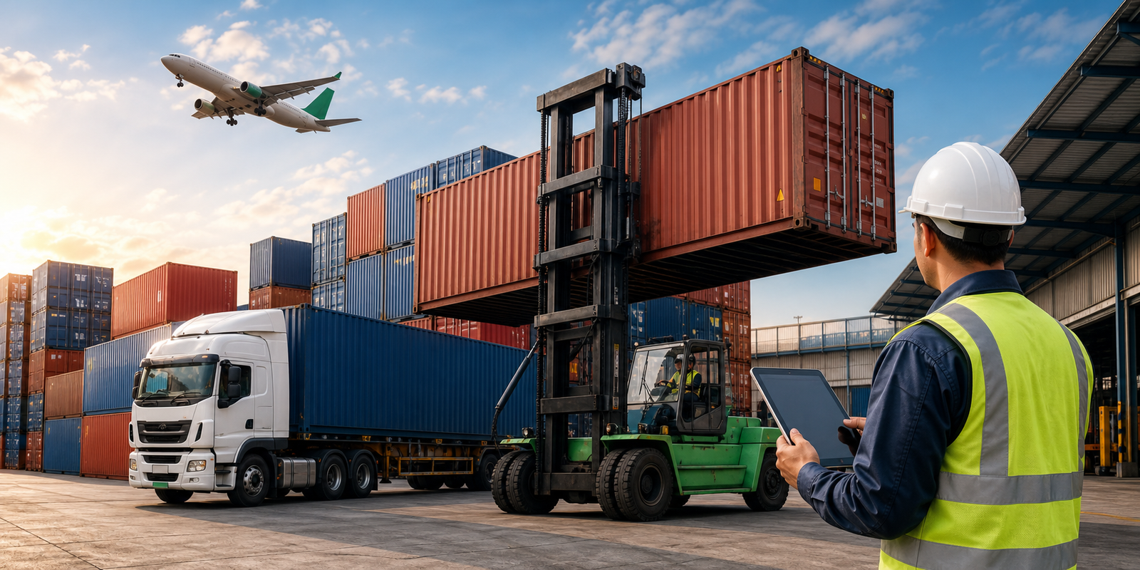 Cargo containers and logistics worker